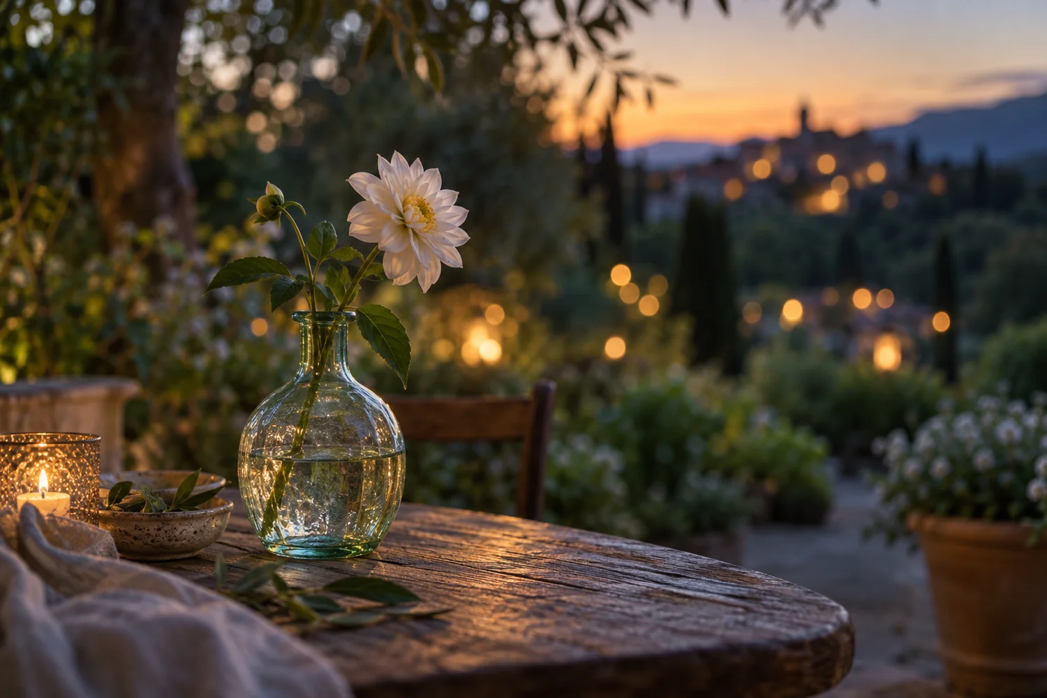 Illustration IA : fleur au crépuscule et lumières circulaires dans un jardin