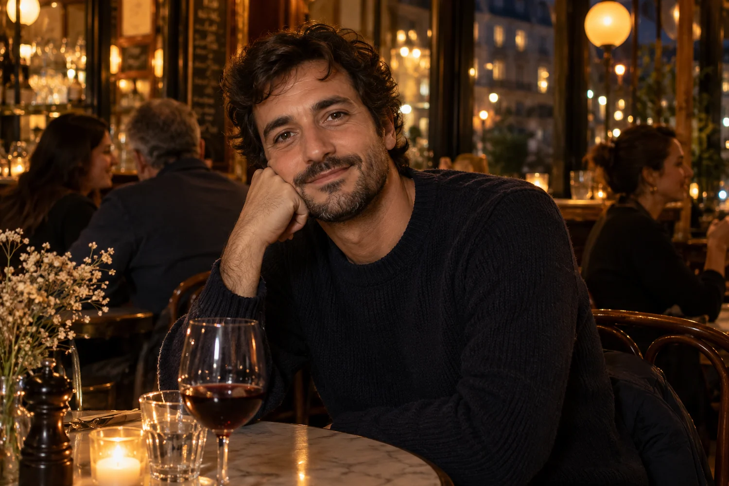 Illustration IA : portrait d’un homme dans un café à la lumière ambiante chaude