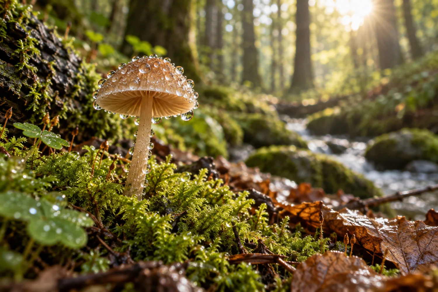 Illustration IA : petit champignon détaillé dans la mousse avec son environnement forestier