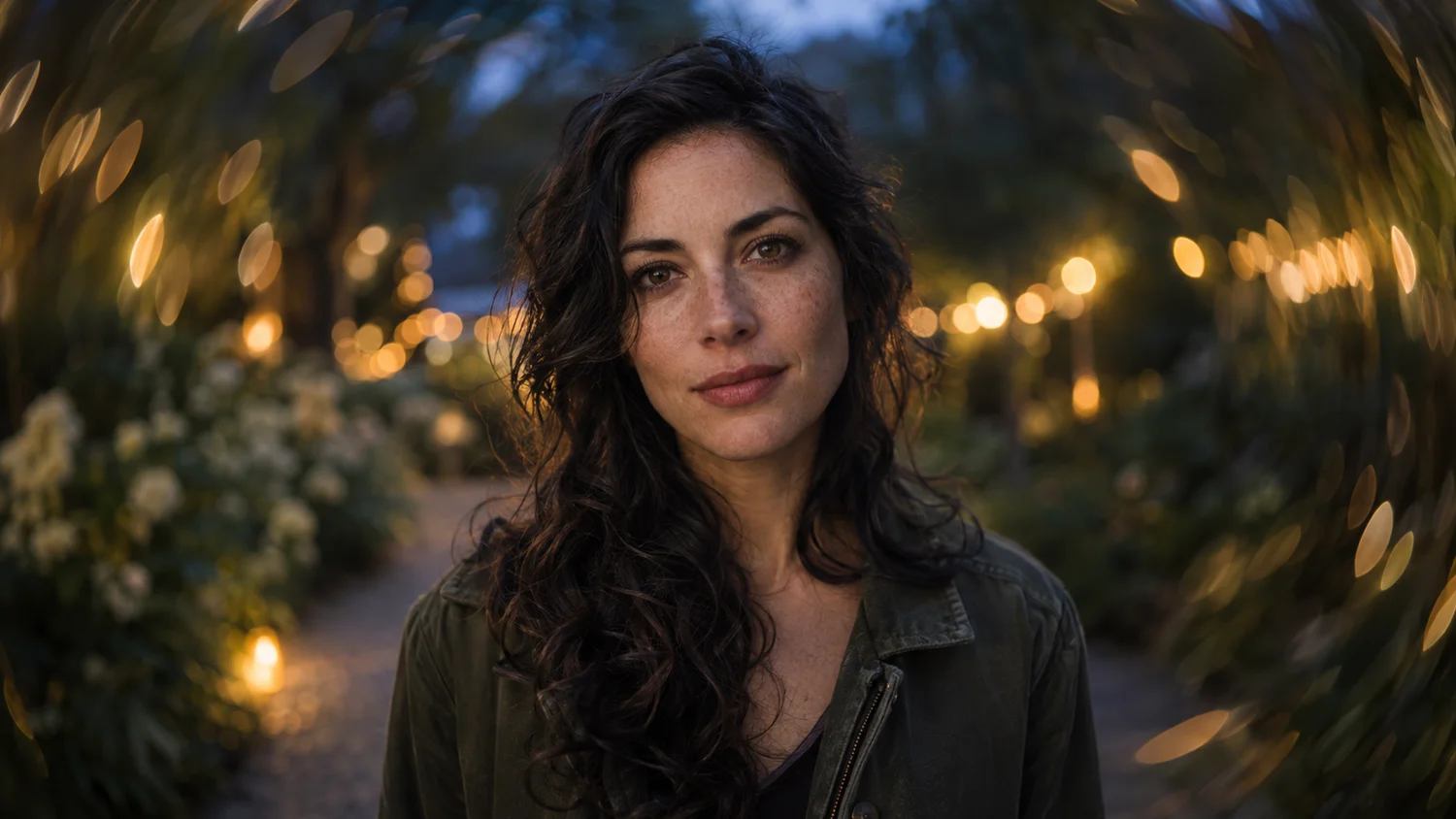 Illustration IA : portrait dans un jardin au crépuscule avec un arrière-plan lumineux tourbillonnant