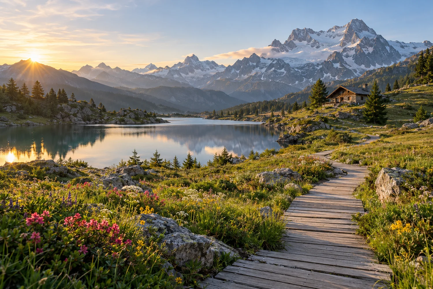 Illustration IA : lac de montagne, fleurs au premier plan et chalet dans un paysage alpin