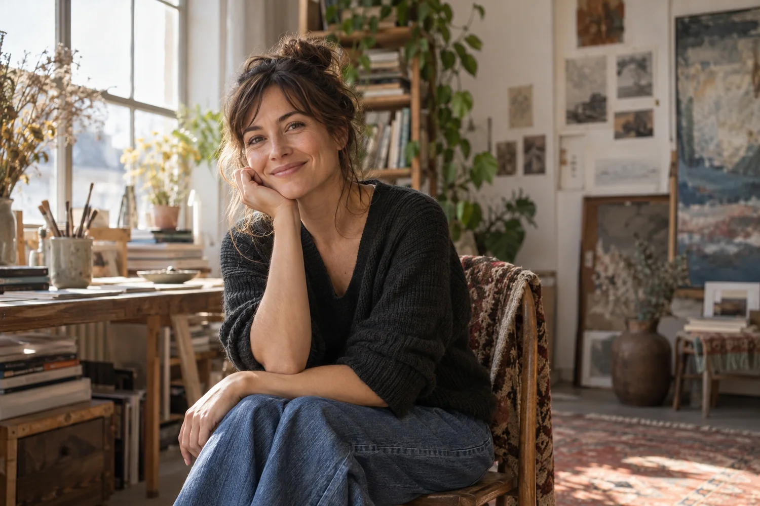 Illustration IA : portrait d’une femme dans un atelier éclairé par une fenêtre