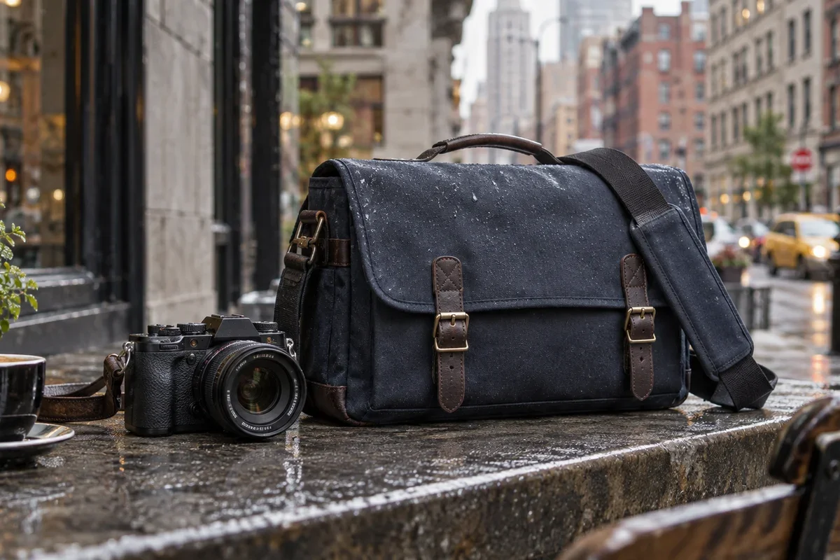 Illustration IA : sac photo à bandoulière générique lors d’une sortie urbaine