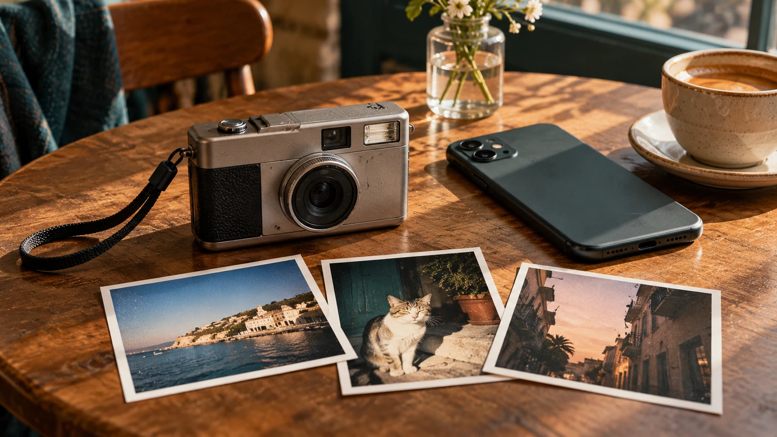 Illustration conceptuelle : compact rétro générique, smartphone et photographies sur une table