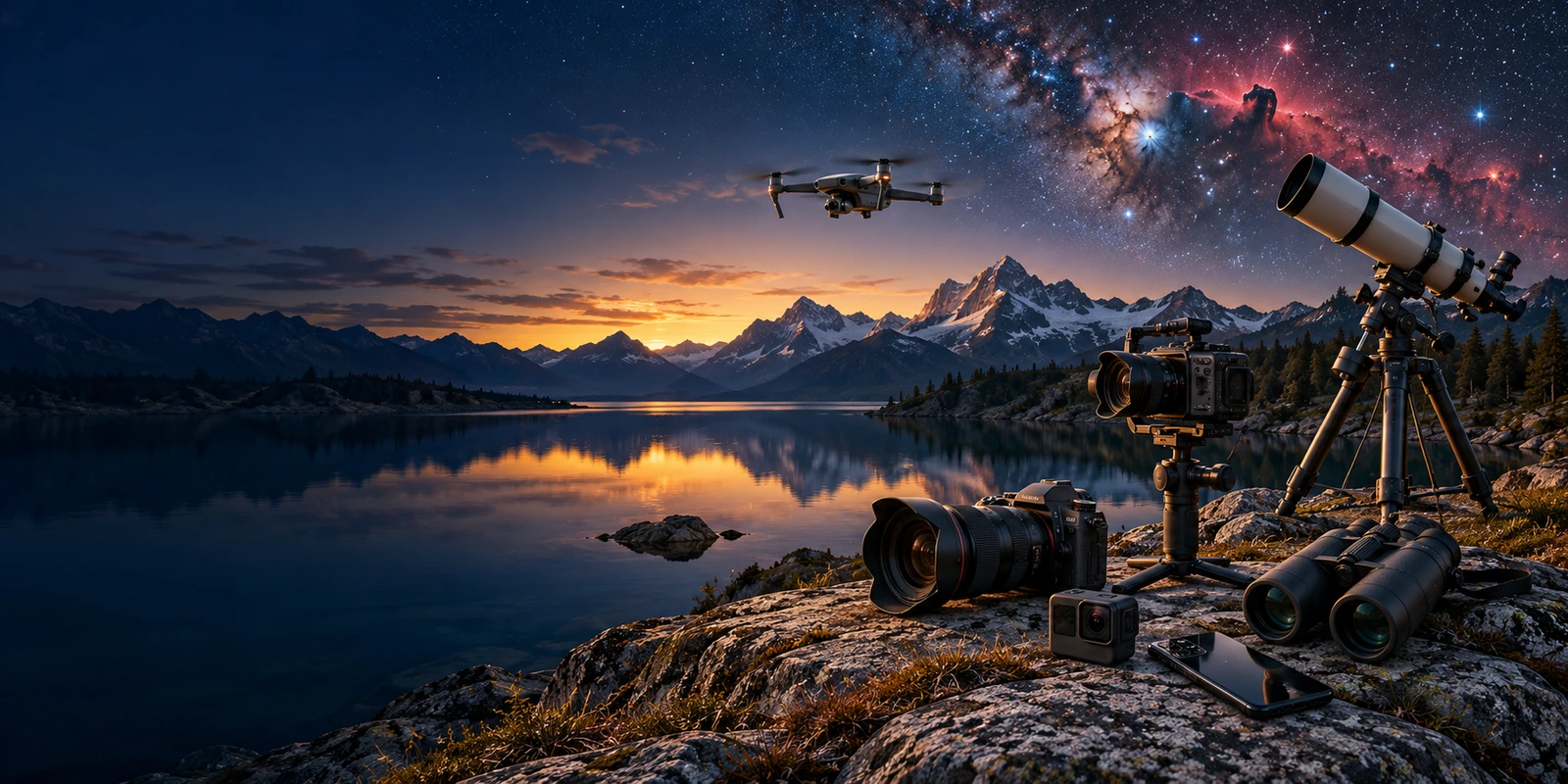 Composition artistique créée par IA : appareils photo et vidéo, smartphone, caméra d’action, jumelles, télescope et drone en vol devant un lac de montagne et un ciel étoilé avec la Tête de Cheval.