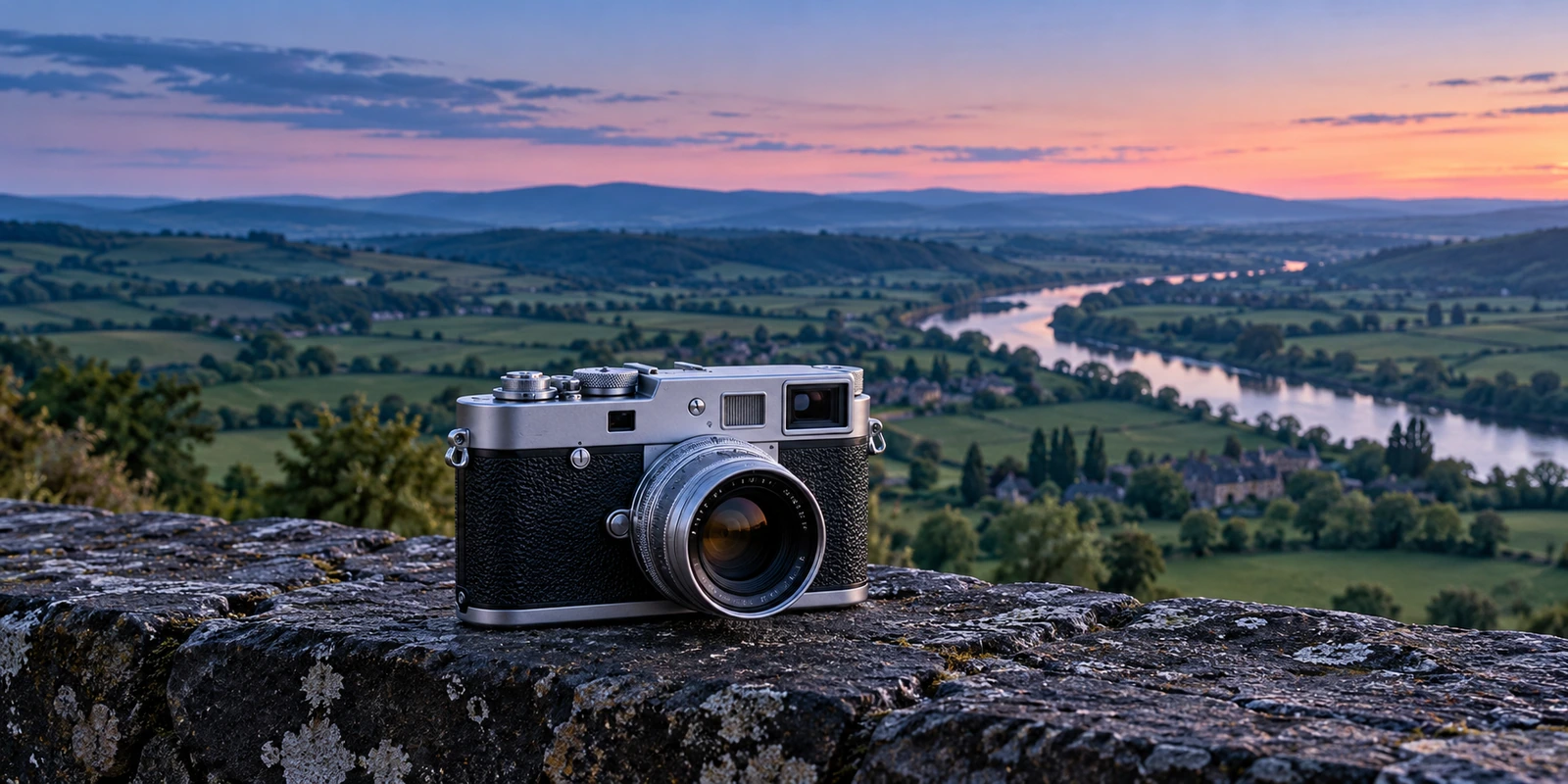 Illustration créée par IA : appareil photo de style argentique devant une vallée et une rivière au crépuscule.