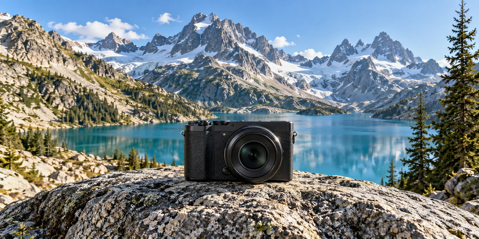 Illustration créée par IA : appareil photo de voyage posé sur un rocher devant un lac alpin turquoise et des sommets enneigés.