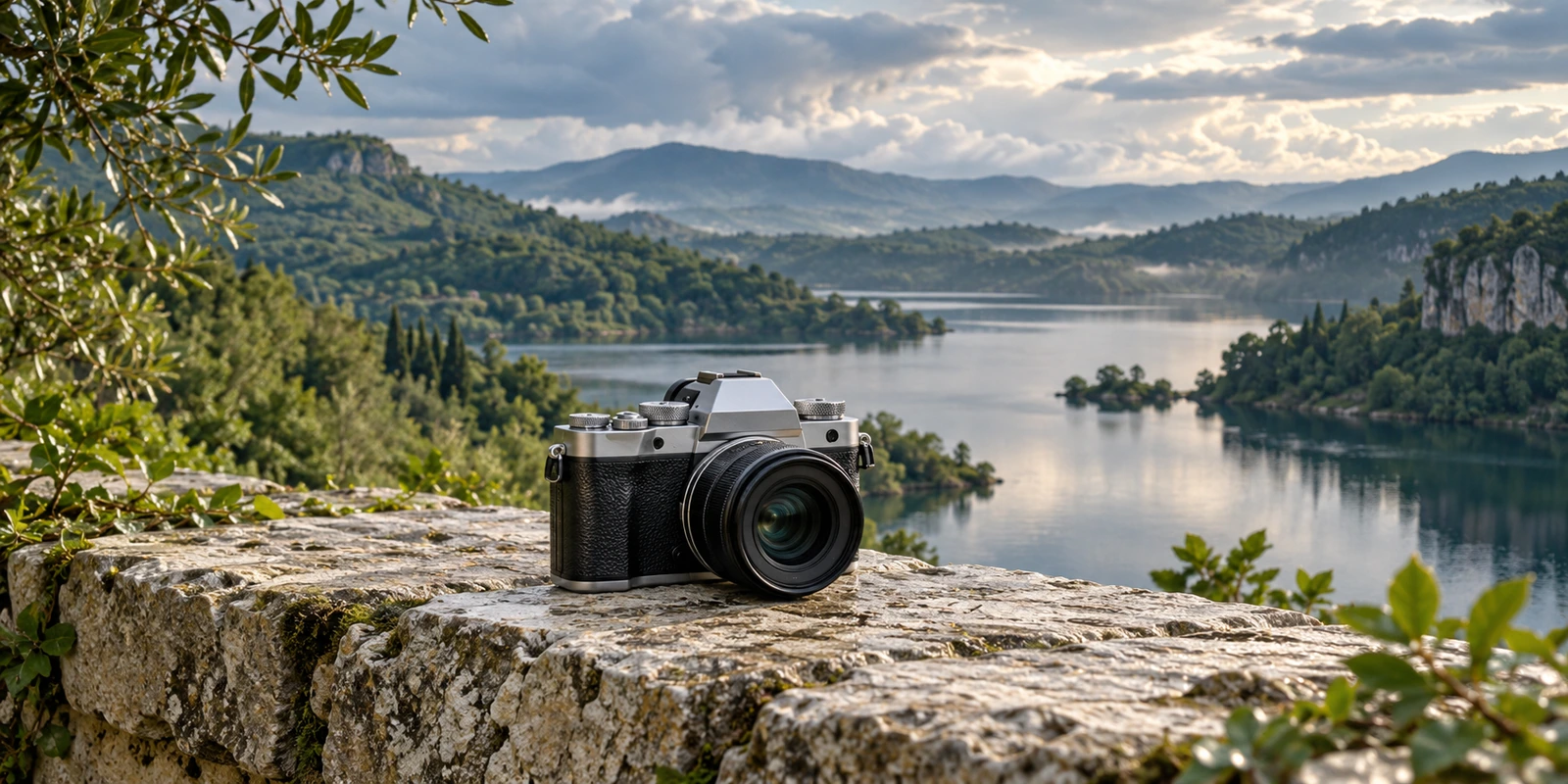 Illustration créée par IA : appareil photo argenté sur une pierre devant un lac et des collines verdoyantes.