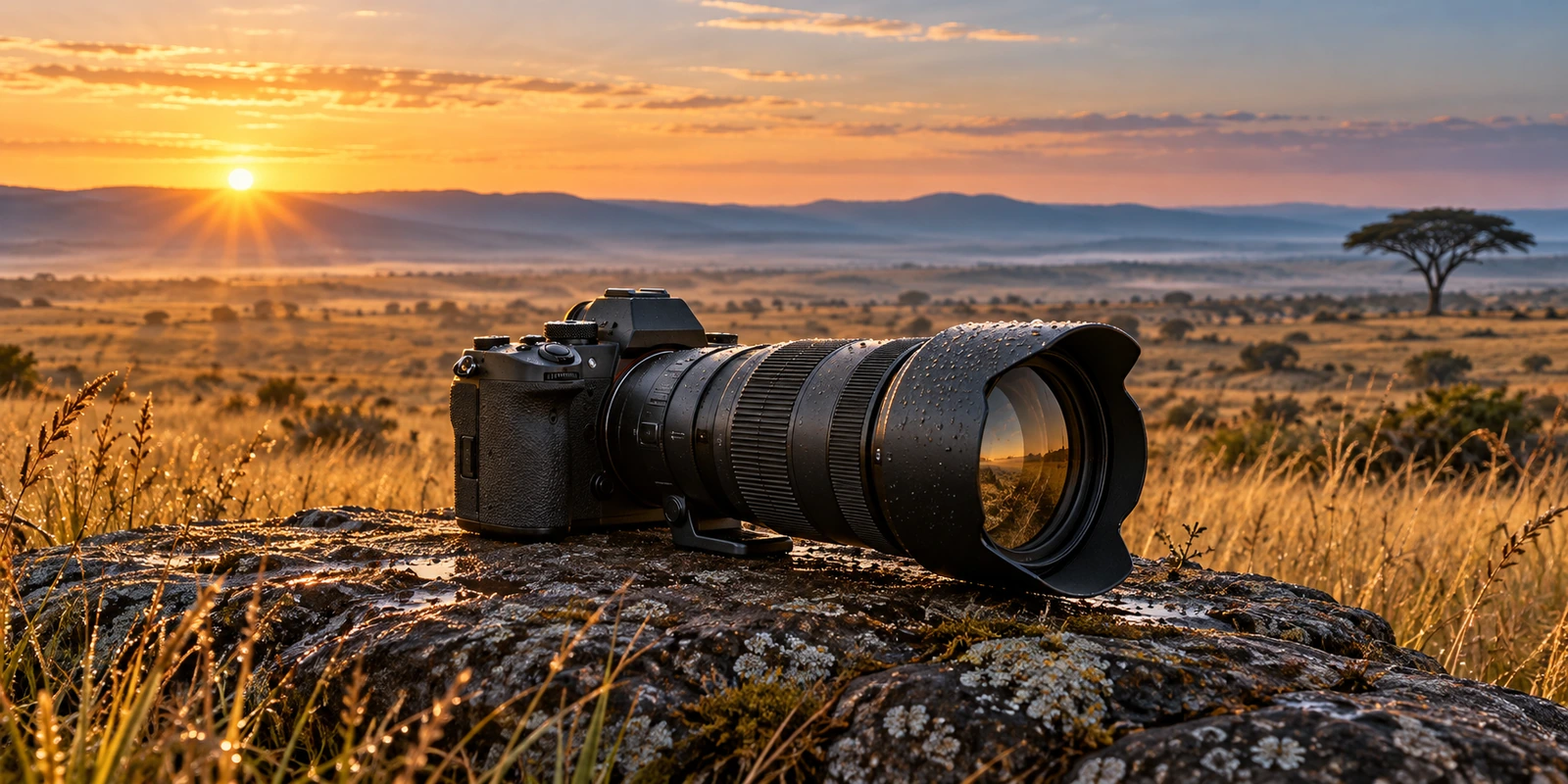 Illustration créée par IA : appareil photo et téléobjectif sur un rocher devant une savane dorée au lever du soleil.
