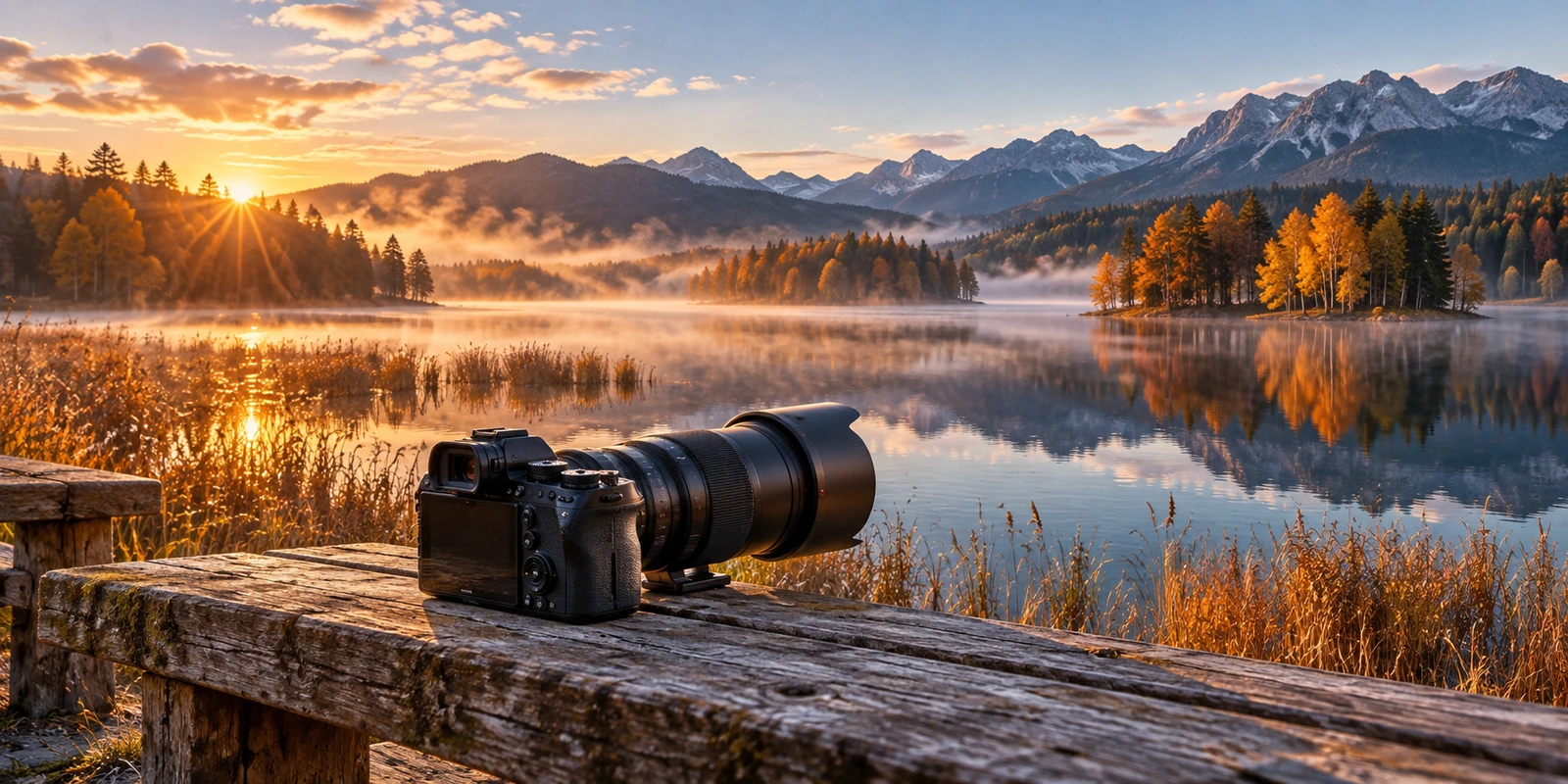 Illustration créée par IA : appareil photo et téléobjectif posés sur un banc devant un lac automnal à l’aube.