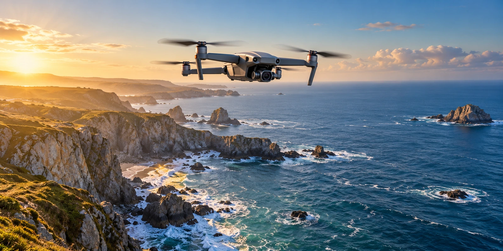 Illustration créée par IA : drone civil en vol au-dessus d’une côte rocheuse au soleil couchant.