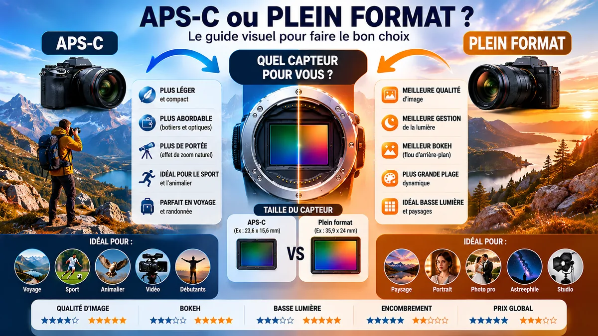 Infographie comparant les capteurs APS-C et plein format selon le budget, le poids, la qualité d'image et les usages photo