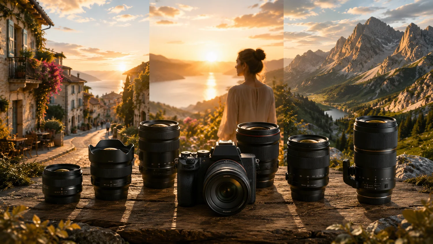 Appareil photo et plusieurs objectifs disposés devant un paysage de voyage, de portrait et de montagne au lever du soleil