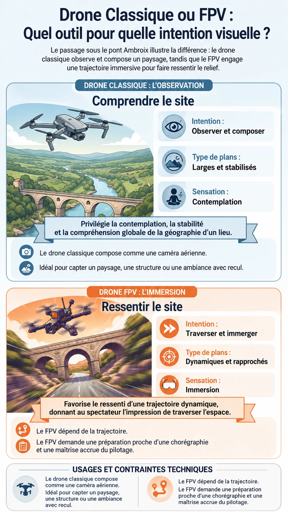 Comparaison visuelle entre un drone classique et un drone FPV pour filmer un site patrimonial.