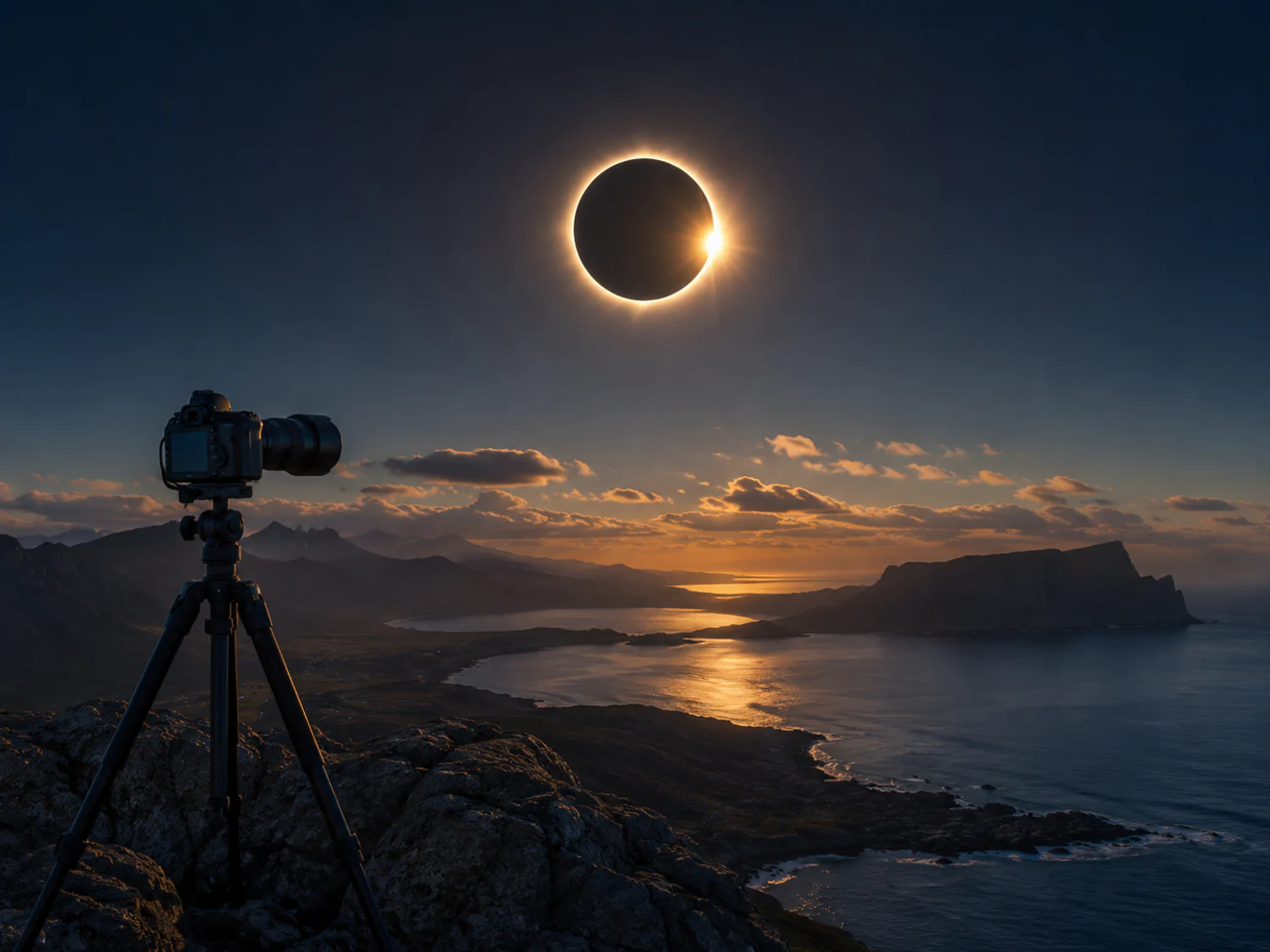 Éclipse solaire au-dessus d’un paysage côtier avec un appareil photo sur trépied