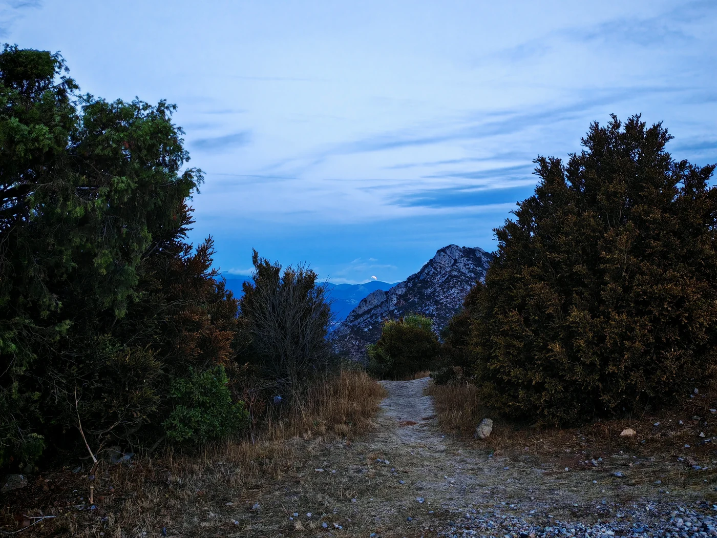 Chemin entre les arbres avec la Lune basse et un relief près de Quéribus à la fin de la séance