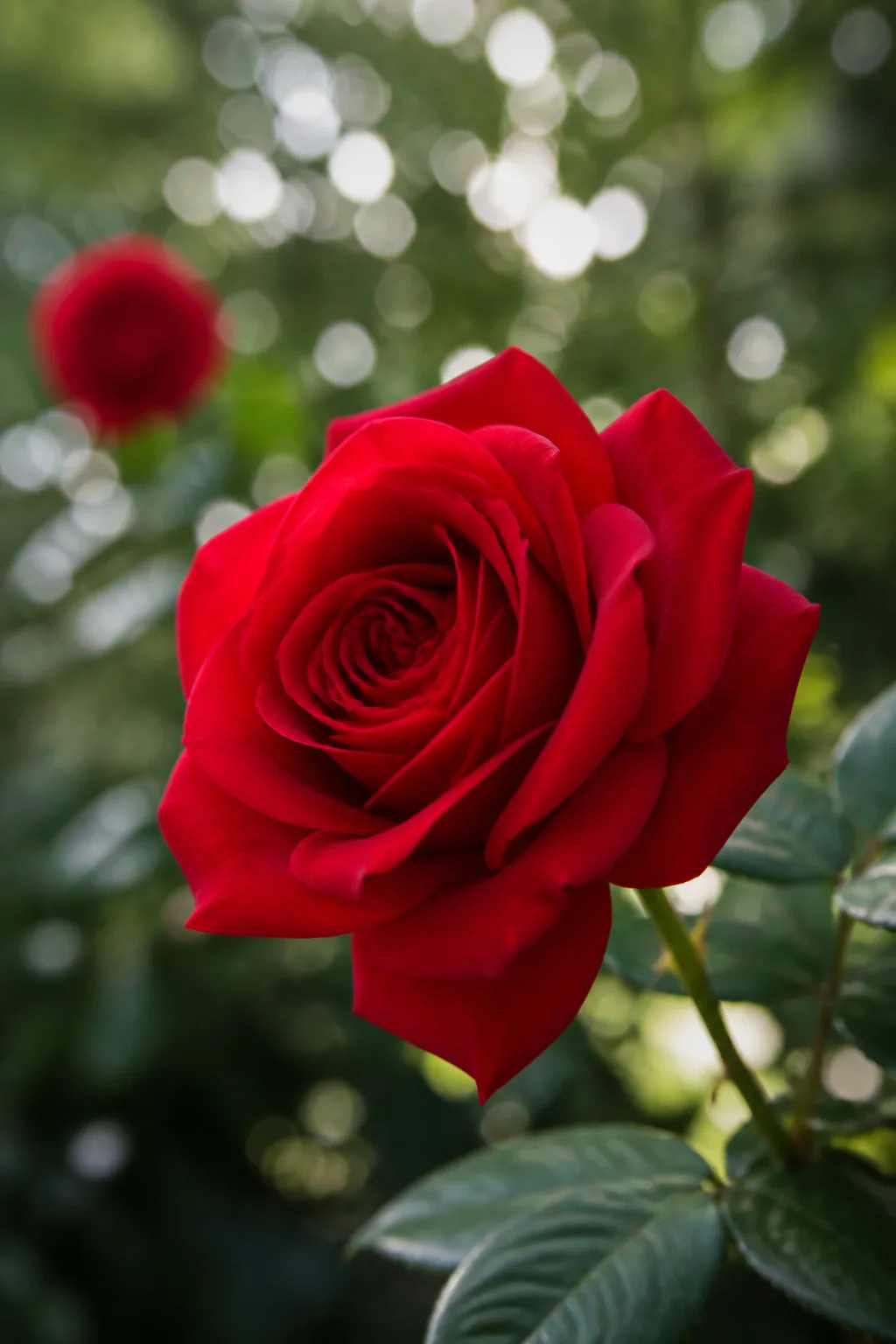 Image générée par IA d’une rose rouge devant un fond végétal lumineux.