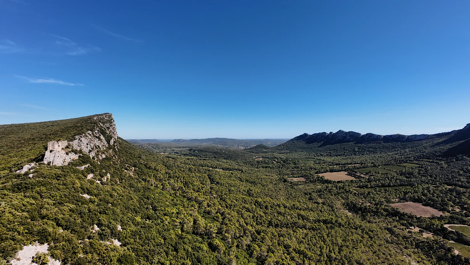 Viviourès au premier plan à gauche, sur le rocher de l’Hortus, et la crête portant Montferrand au fond à droite, séparés par une vallée boisée.