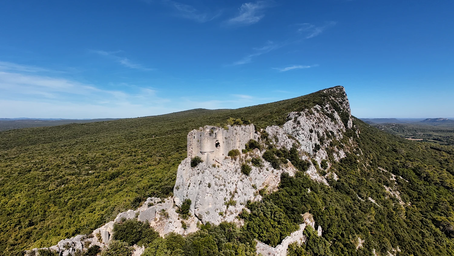 Vestiges de Viviourès accrochés à une crête calcaire oblique, entre plateau boisé à gauche et plaine à droite.