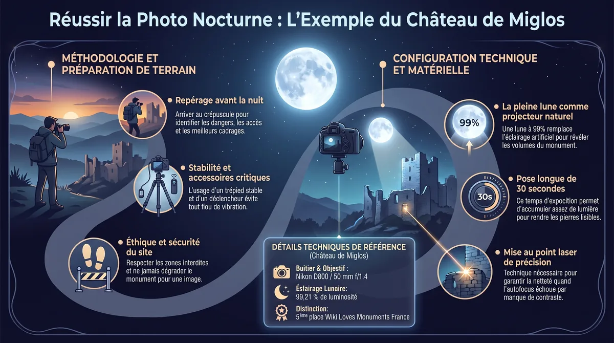Infographie récapitulant les repères techniques pour photographier le château de Miglos à la pleine lune.