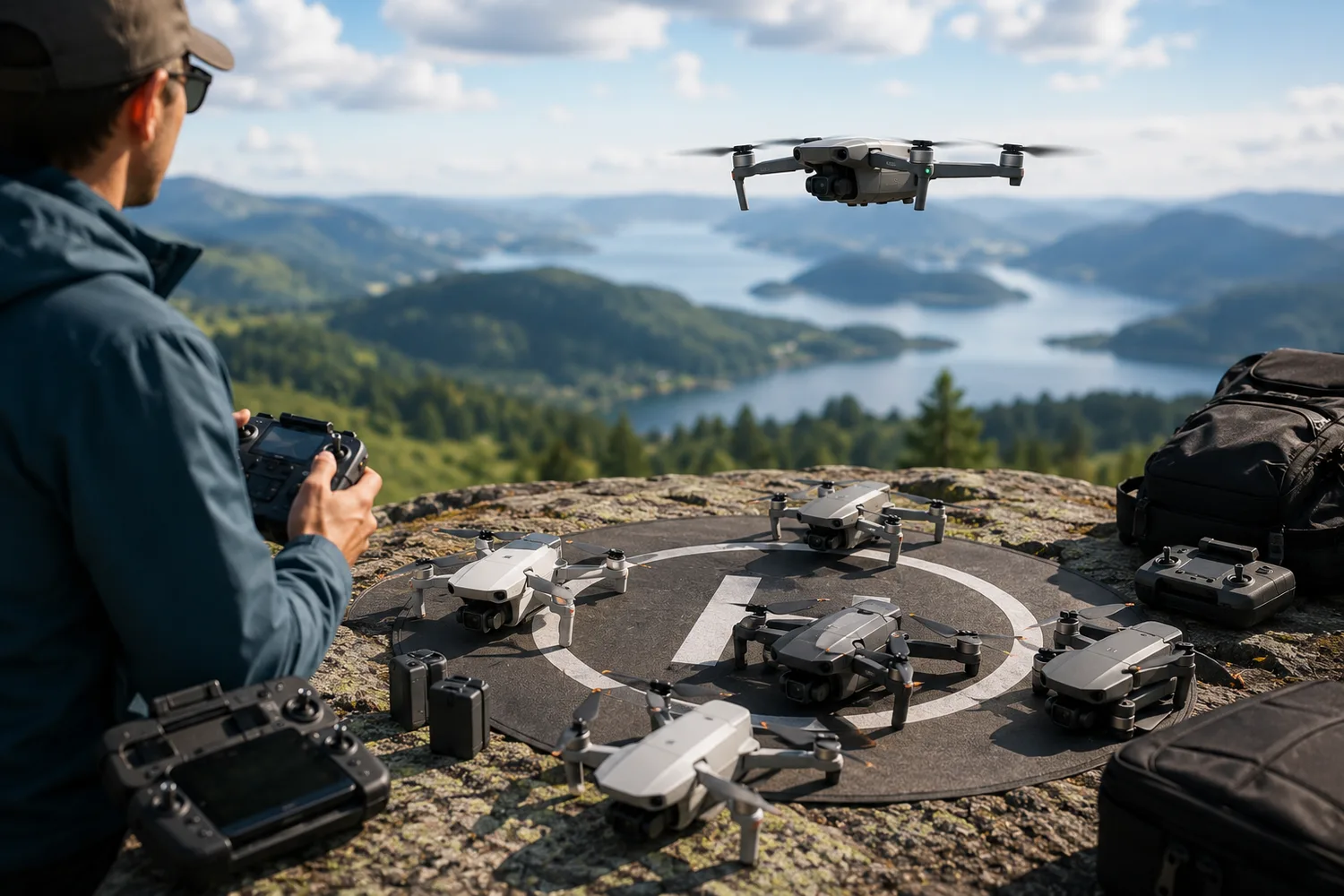 Deux drones compacts comparés sur une zone de décollage en pleine nature.