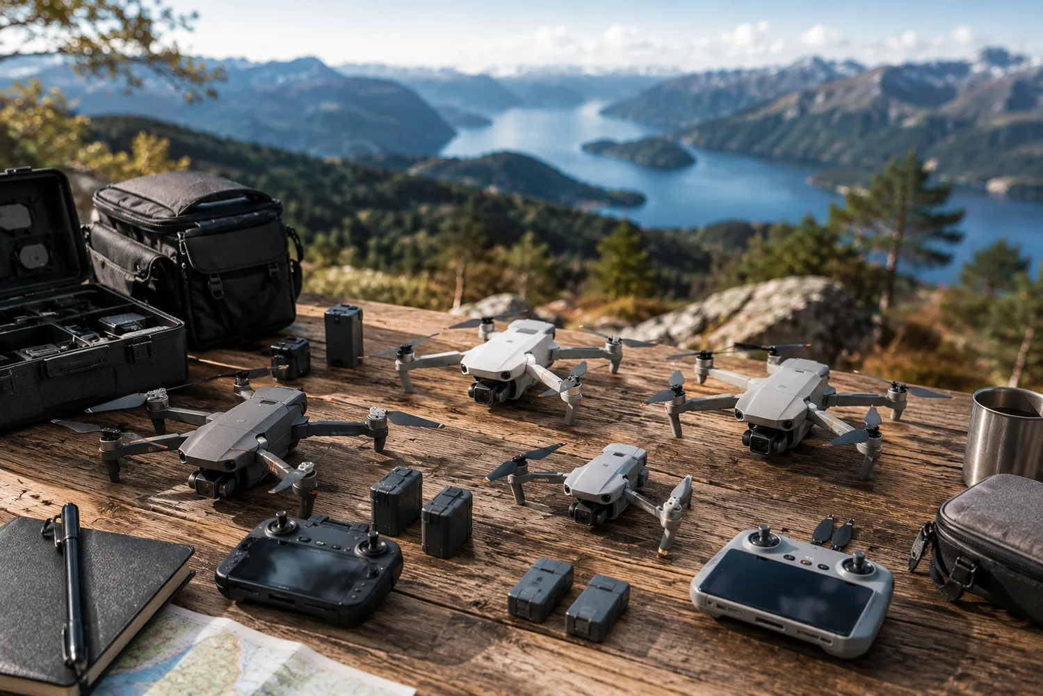 Plusieurs drones et accessoires disposés sur une table extérieure face à un paysage naturel.