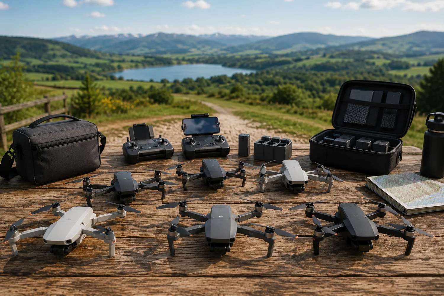 Drones compacts débutants disposés sur une table extérieure près d'une zone de vol dégagée.