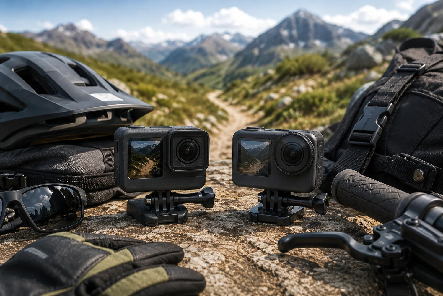 Deux caméras d'action robustes comparées avec du matériel outdoor sur un sentier de montagne.