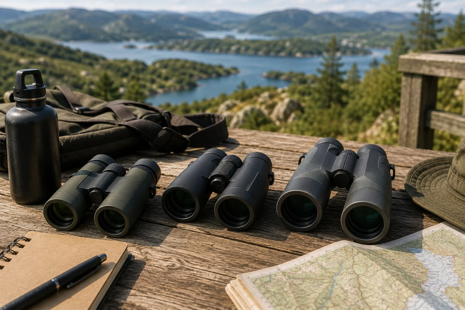 Plusieurs jumelles compactes et accessibles disposées sur une plateforme d'observation face à un paysage naturel.