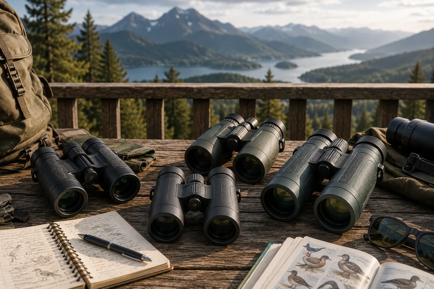 Plusieurs jumelles haut de gamme disposées sur une terrasse d'observation avec carnets et guides naturalistes.
