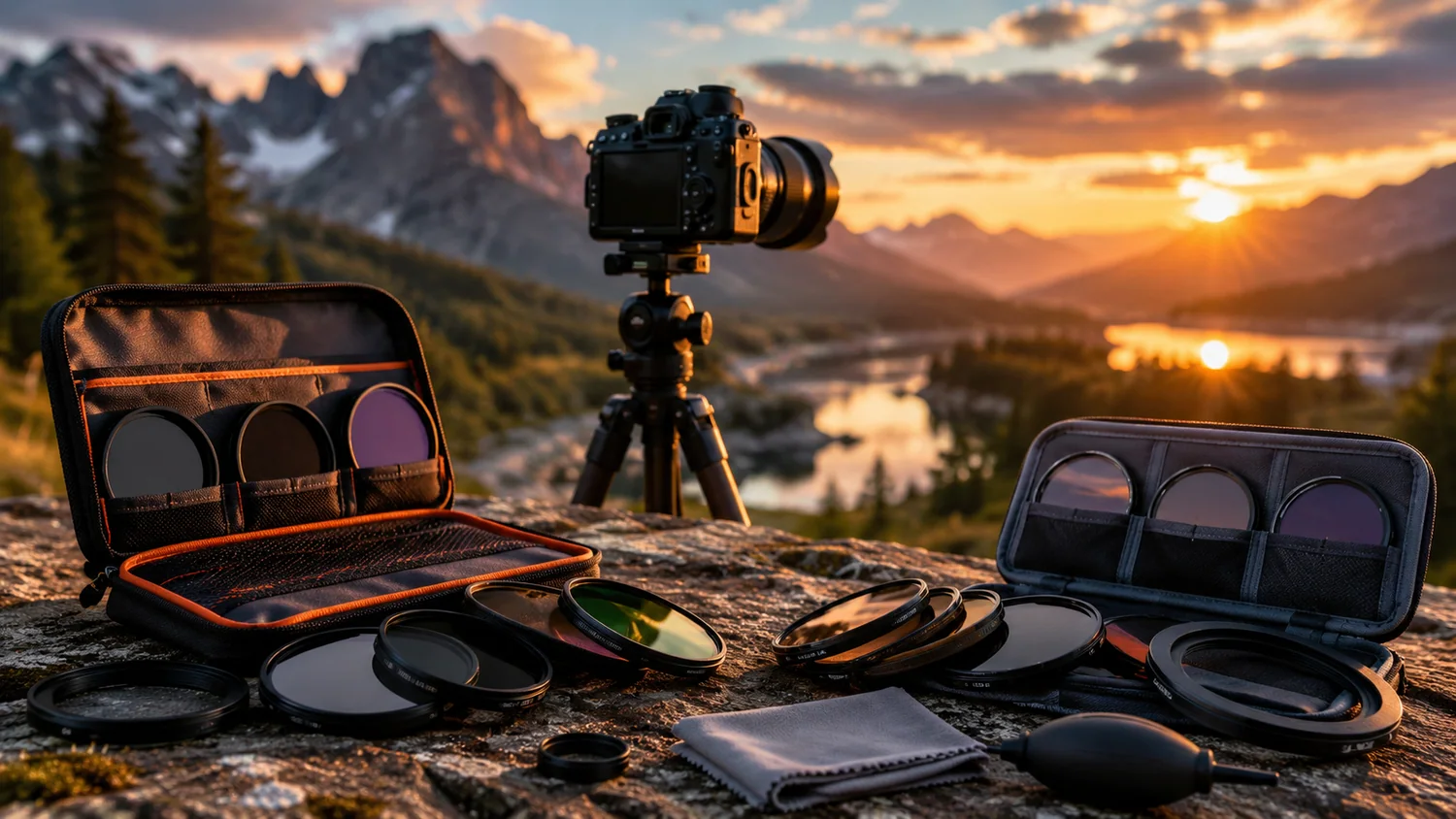 Comparatif visuel entre filtres photo K&F Concept et Hoya avec filtres UV, ND et polarisants.