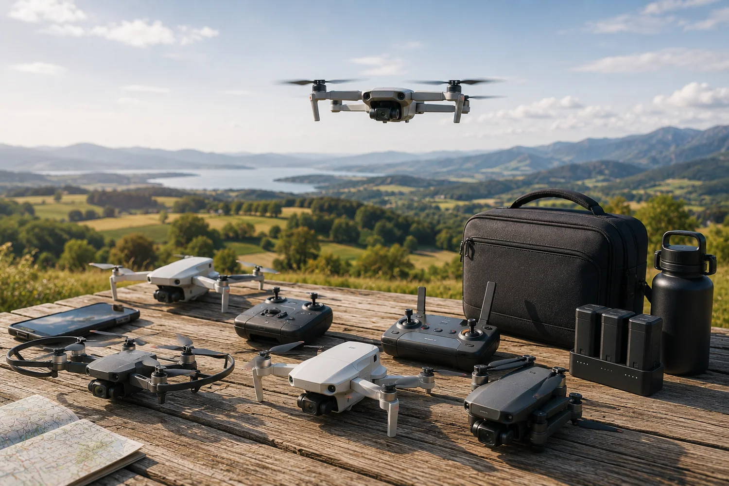 Drones compacts pour débutants disposés sur une zone de décollage extérieure sécurisée avec radiocommandes et sacs de transport.