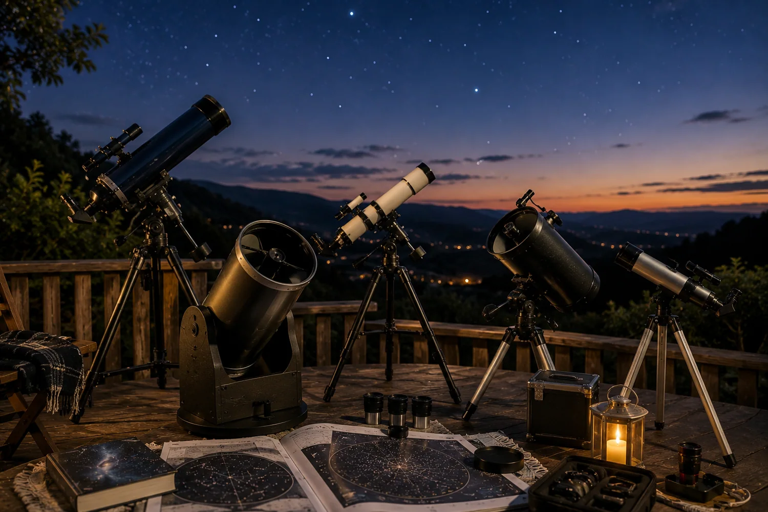 Télescopes accessibles de différentes tailles installés sur une terrasse d'observation au crépuscule avec cartes du ciel et livres d'astronomie.