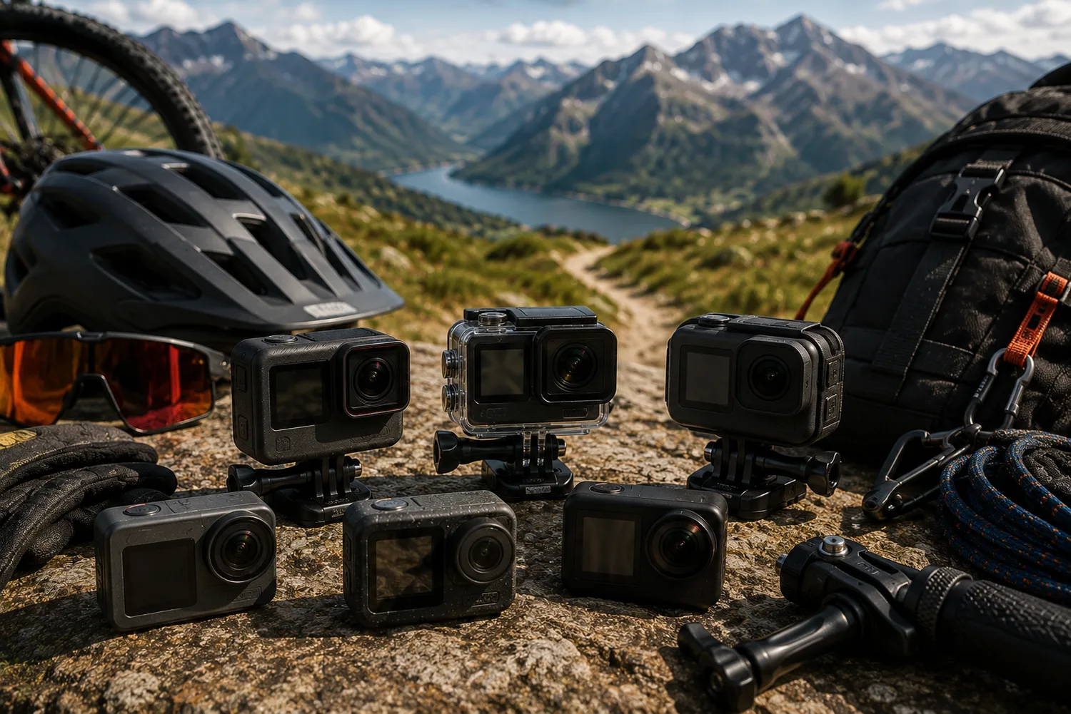 Plusieurs caméras d'action modernes disposées avec du matériel outdoor sur un sentier de montagne.
