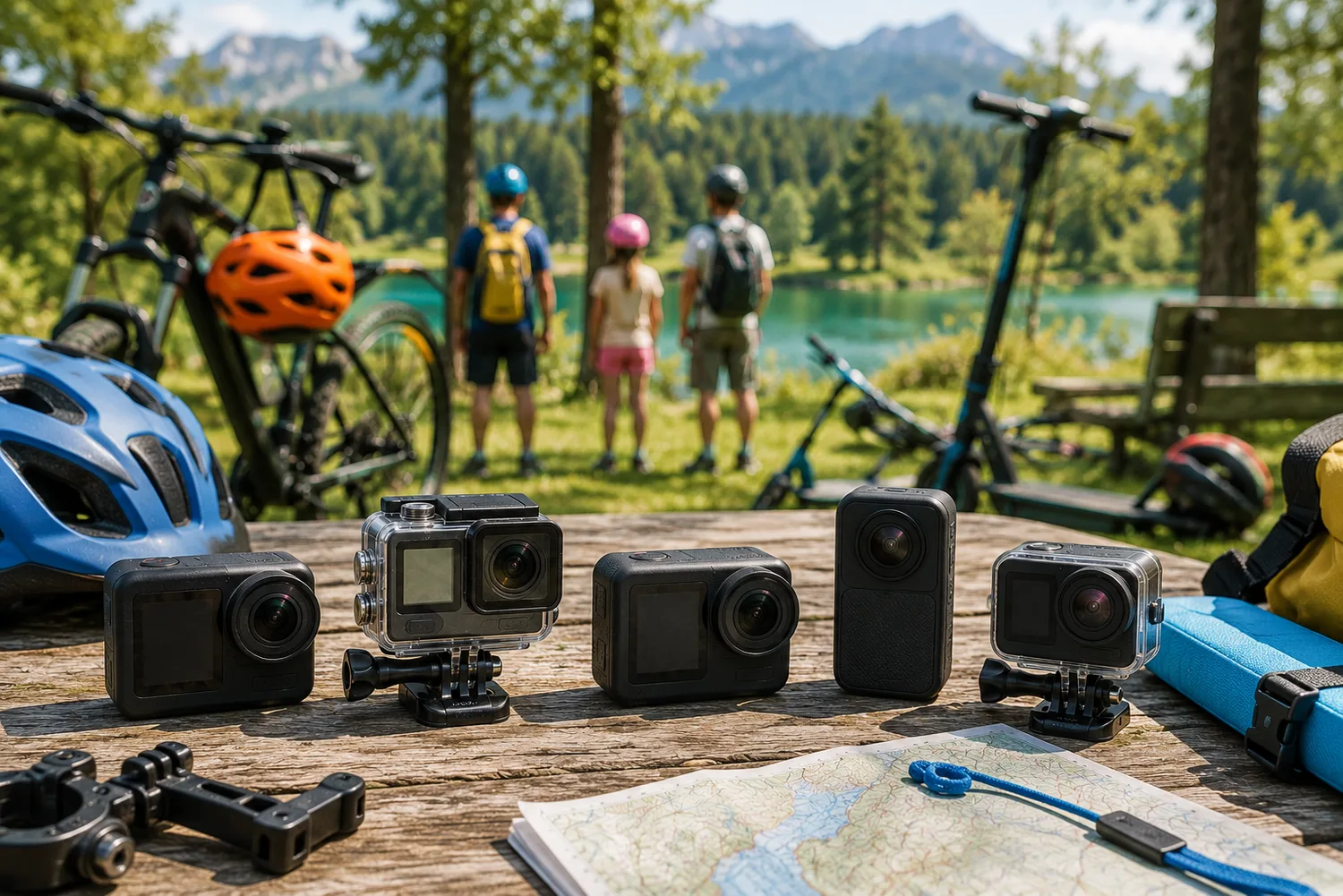Caméras d'action compactes disposées dans un environnement familial sécurisé avec vélos et trottinettes.