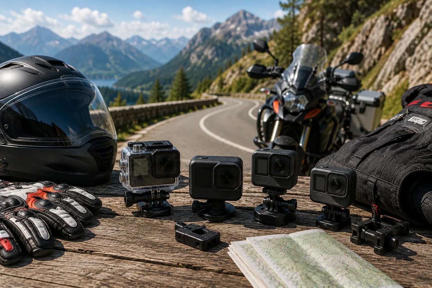Caméras d'action robustes disposées avec casque, gants et équipement moto sur une route de montagne.