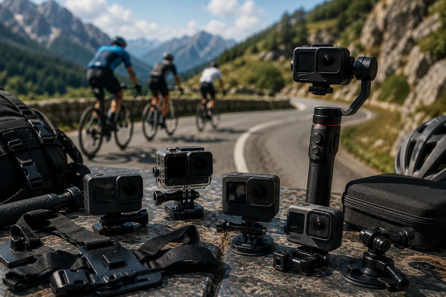 Caméras d'action et accessoires de stabilisation disposés près d'une route de montagne avec cyclistes en arrière-plan.
