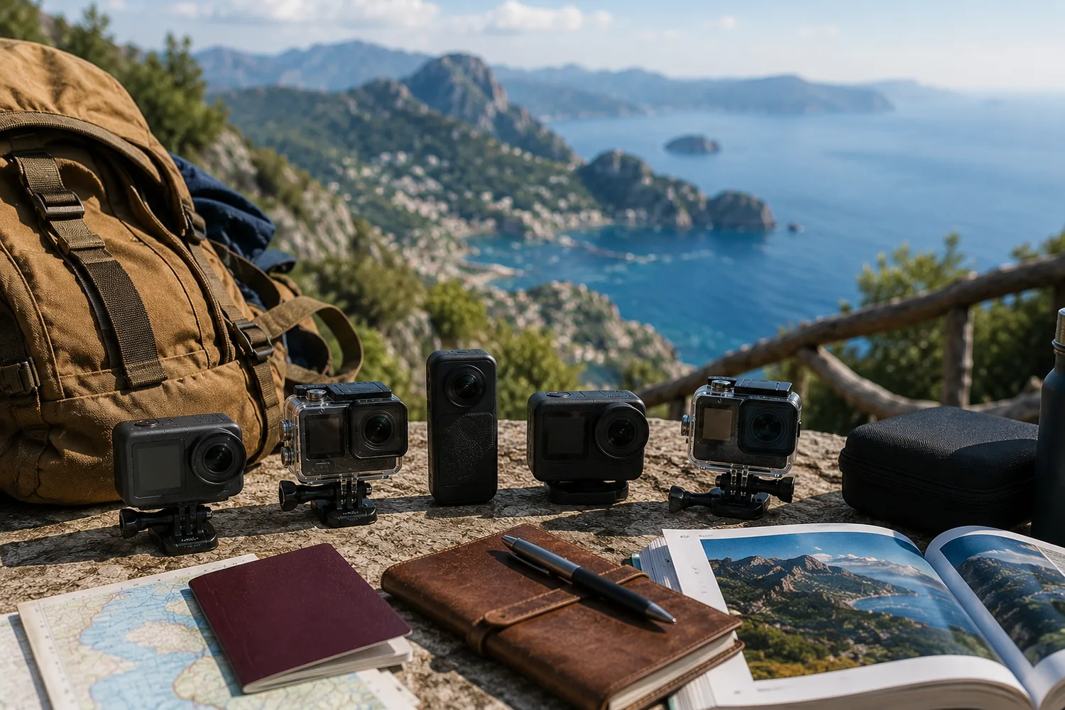 Caméras d'action compactes disposées avec sacs, cartes et accessoires de voyage face à un paysage panoramique.