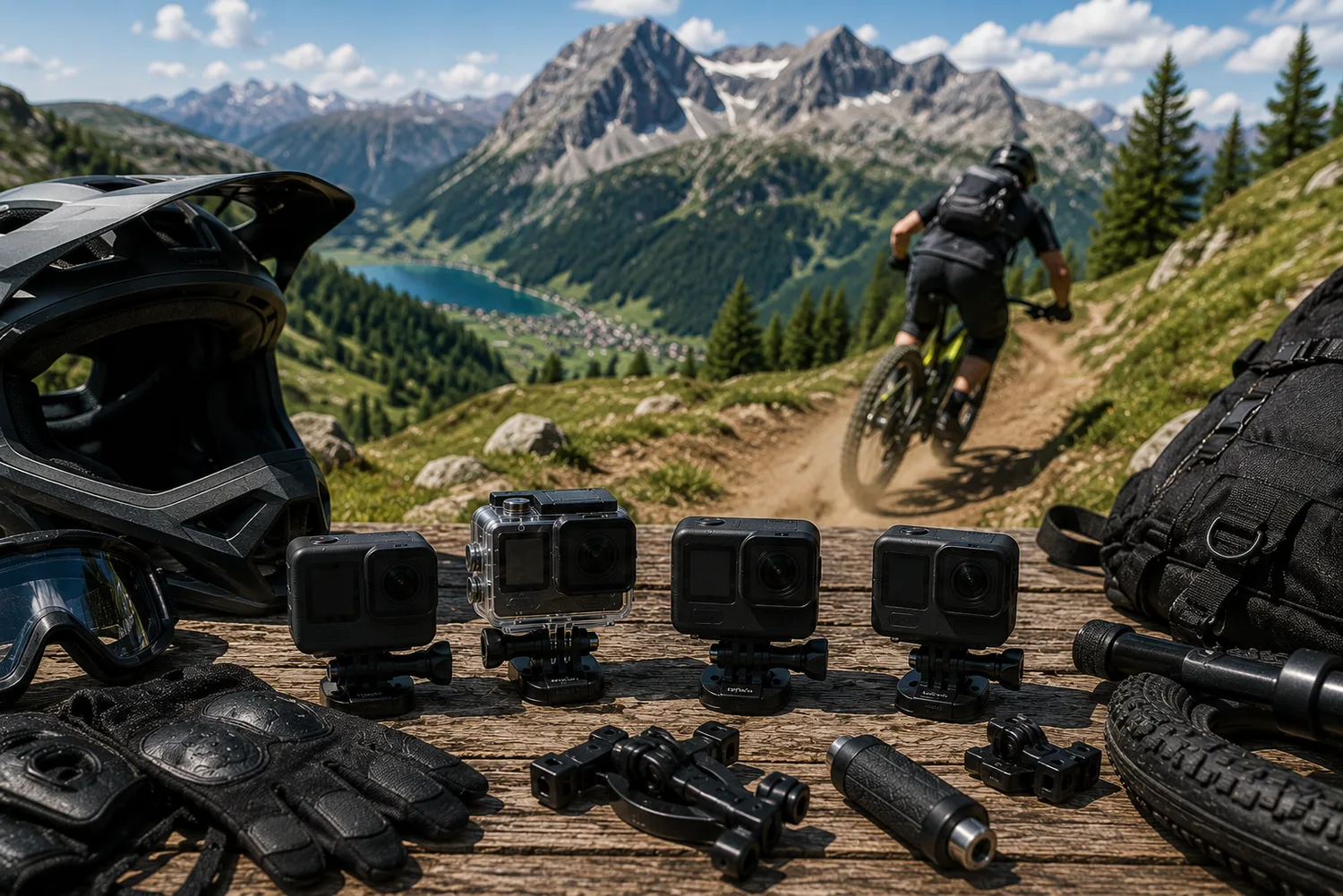 Caméras d'action robustes disposées avec casque et protections de VTT devant un sentier de montagne.