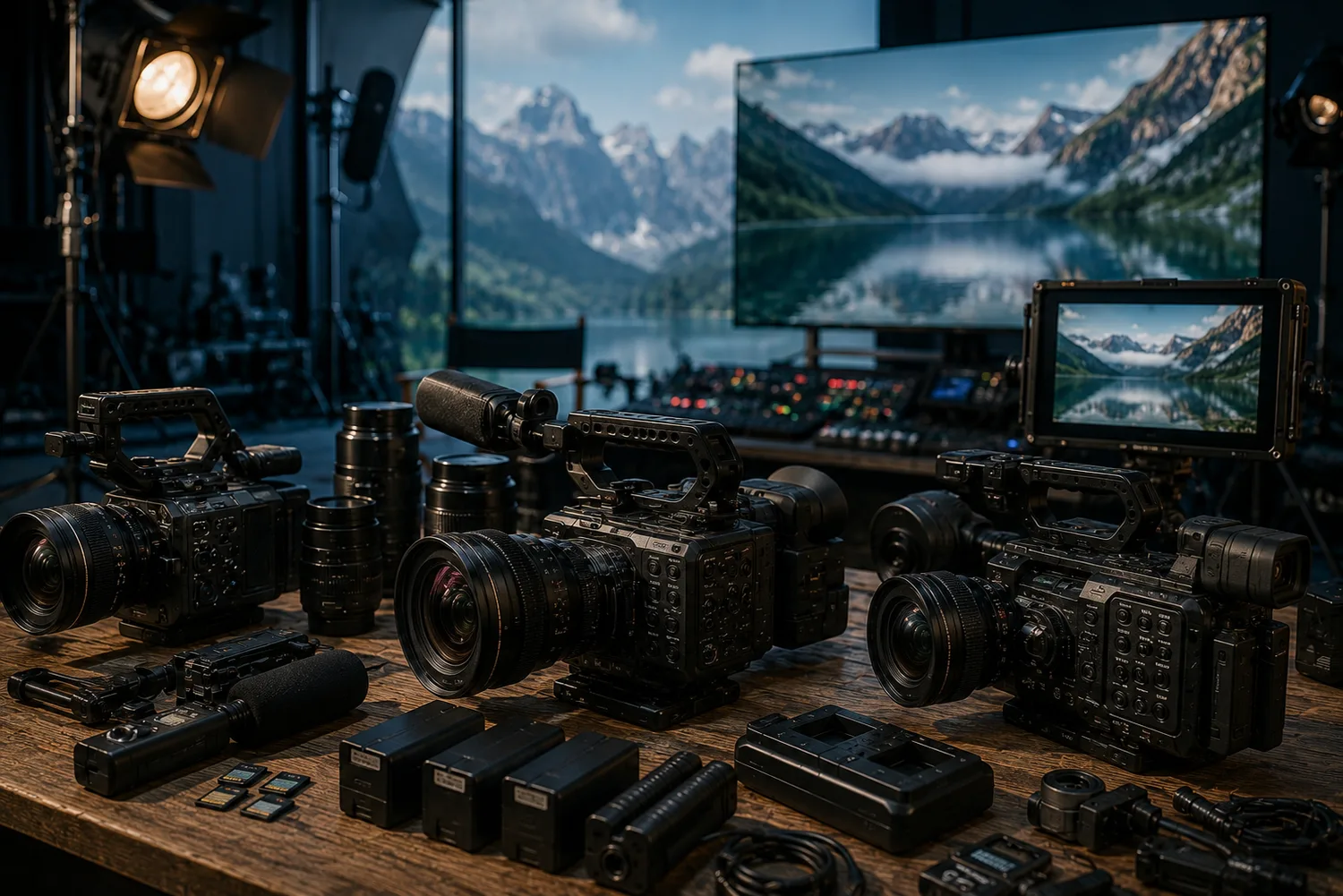 Caméras vidéo professionnelles disposées dans un studio avec moniteurs, optiques et accessoires de tournage.