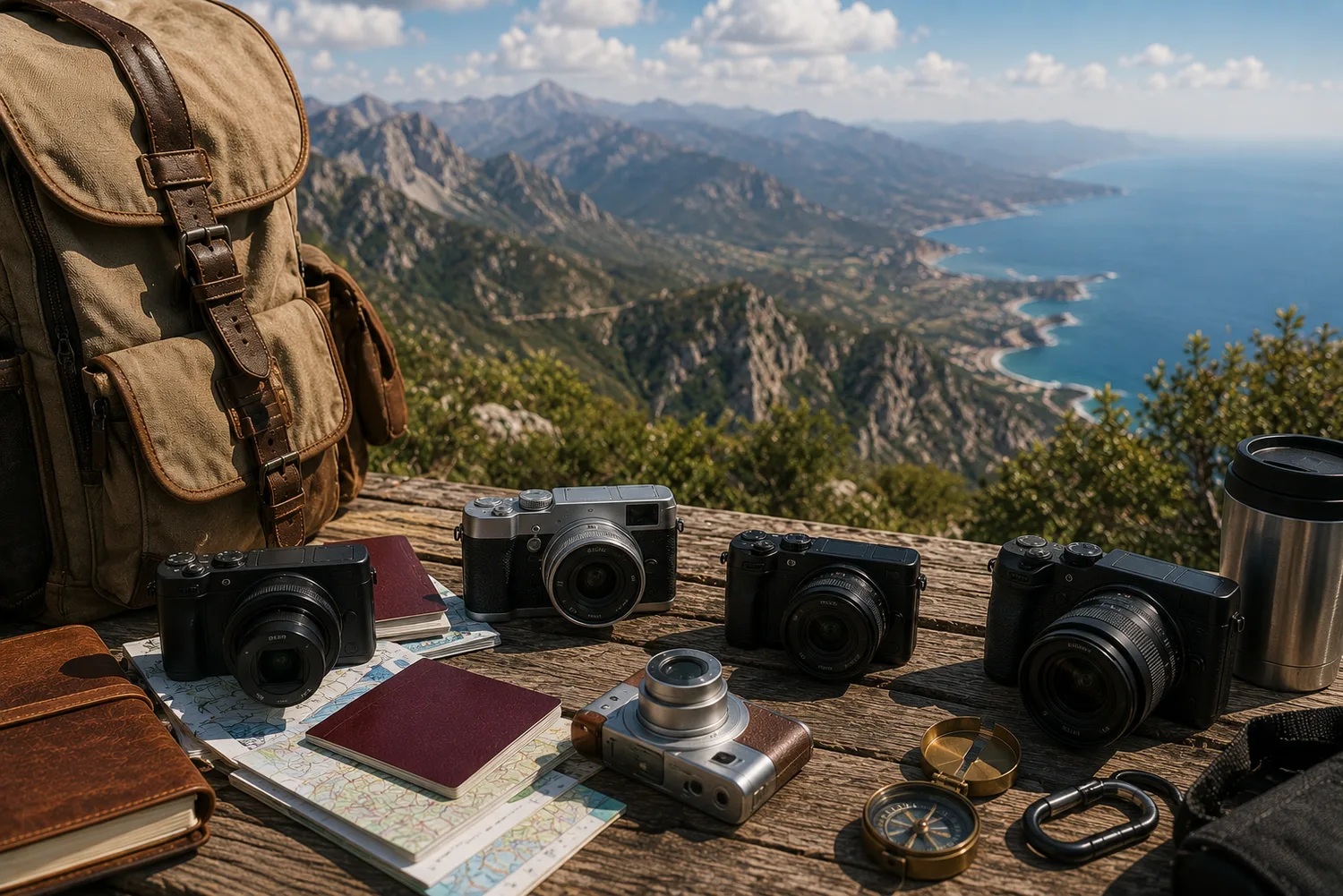 Plusieurs appareils photo compacts et hybrides de voyage disposés avec des accessoires de randonnée face à un paysage spectaculaire.