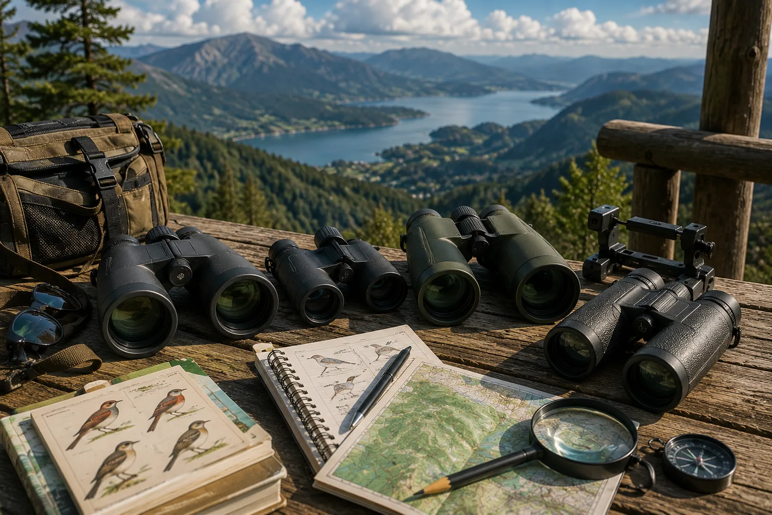 Plusieurs jumelles haut de gamme présentées sur une plateforme d'observation dominant montagnes et lac.