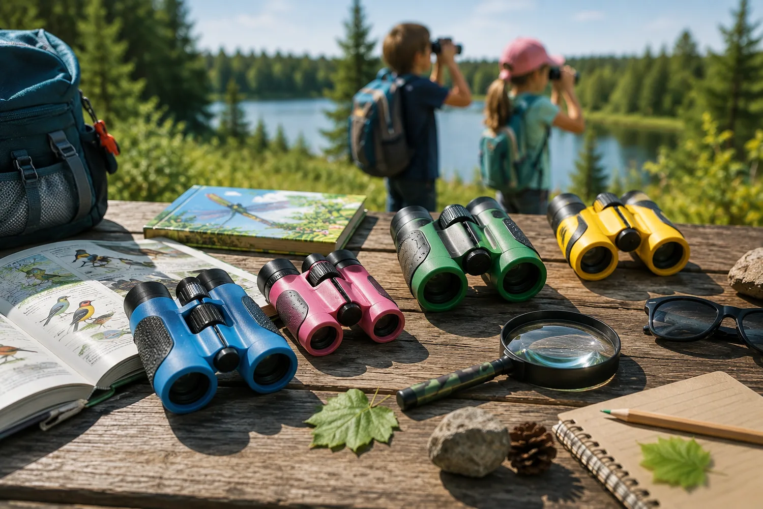 Jumelles colorées pour enfants accompagnées de livres de découverte de la nature dans un environnement familial.