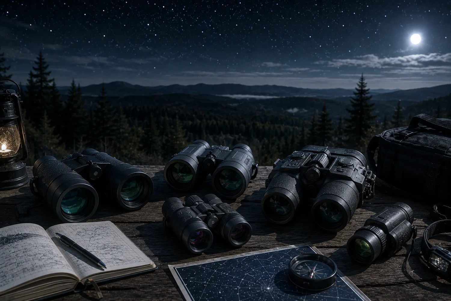 Jumelles de vision nocturne présentées sur une plateforme d'observation sous un ciel étoilé.