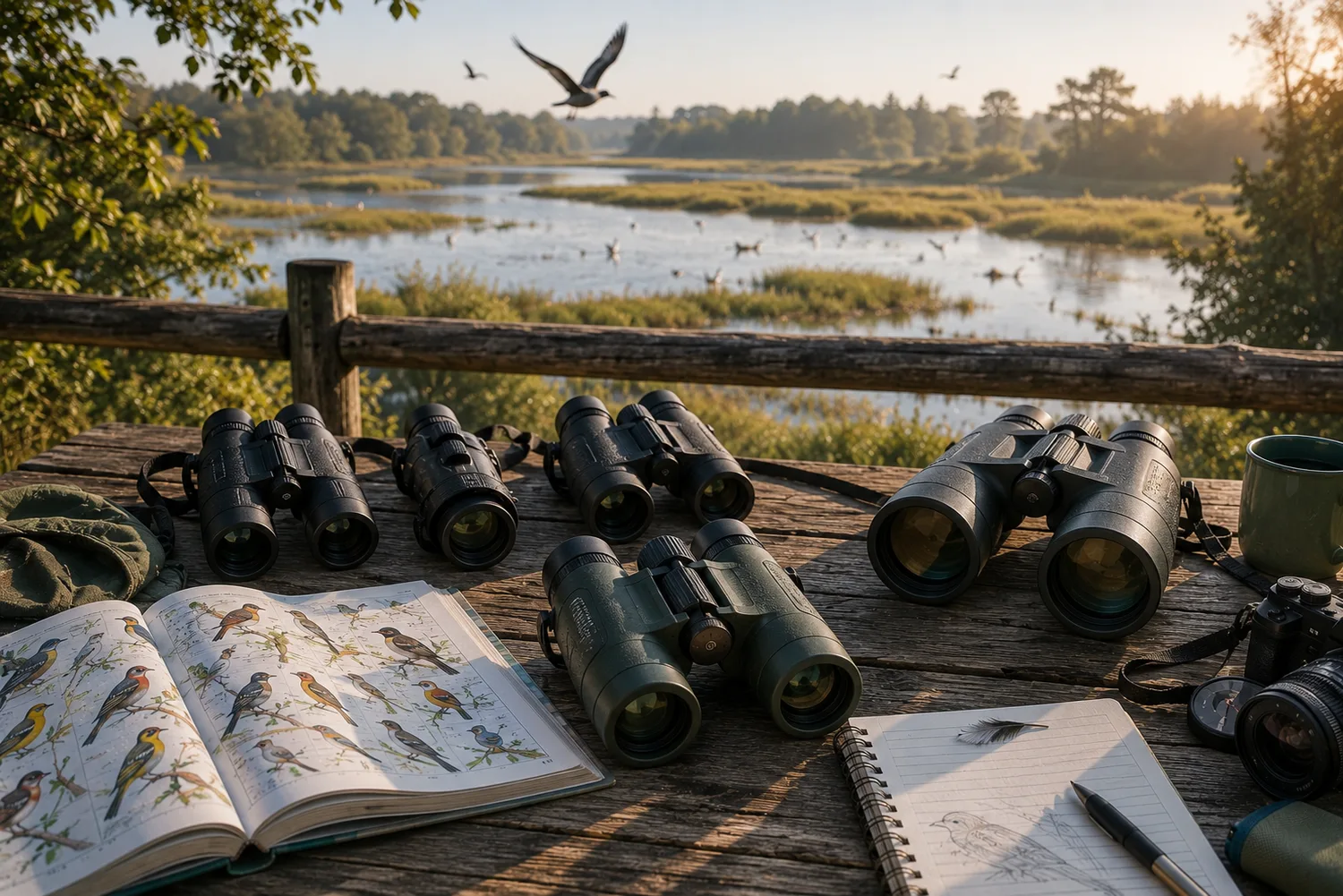 Jumelles d'observation ornithologique disposées sur une plateforme face à une zone humide avec oiseaux et guides naturalistes.
