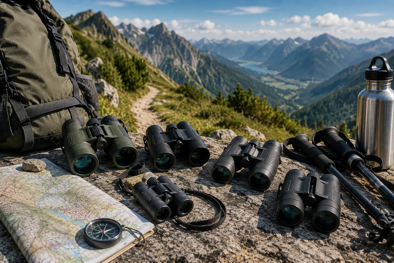 Jumelles compactes disposées avec du matériel de randonnée face à un sentier de montagne et des sommets lointains.