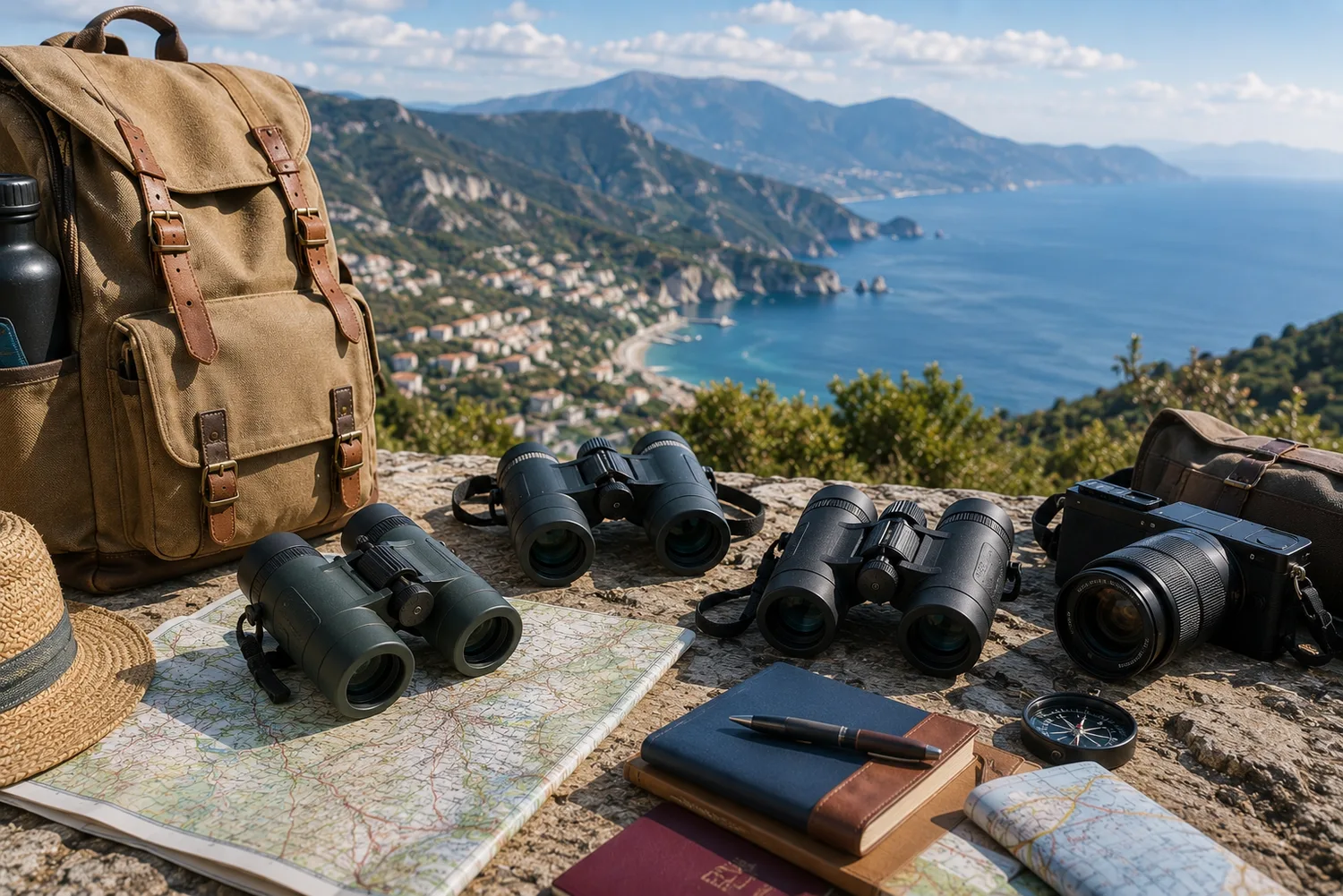 Jumelles compactes disposées avec des accessoires de voyage face à un panorama mêlant montagnes et littoral.