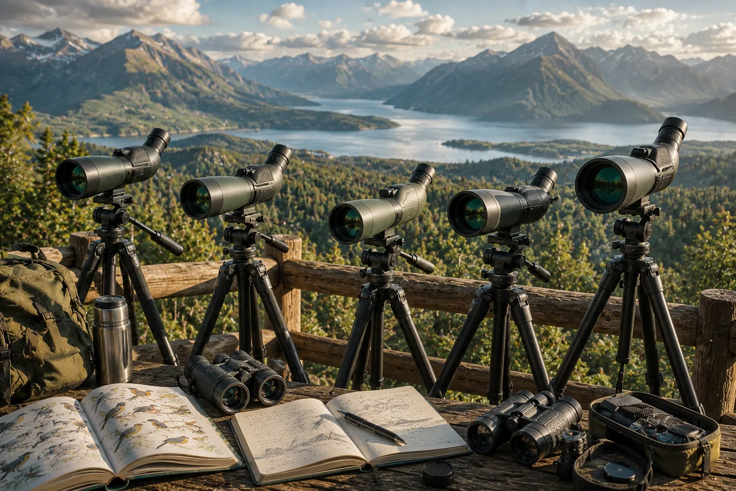 Longues-vues premium montées sur trépieds professionnels sur une plateforme d'observation face à un paysage de montagnes et de lac.