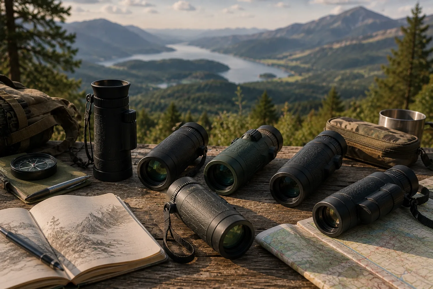 Instruments optiques compacts et monoculaires disposés sur une plateforme d'observation face à un vaste paysage naturel.
