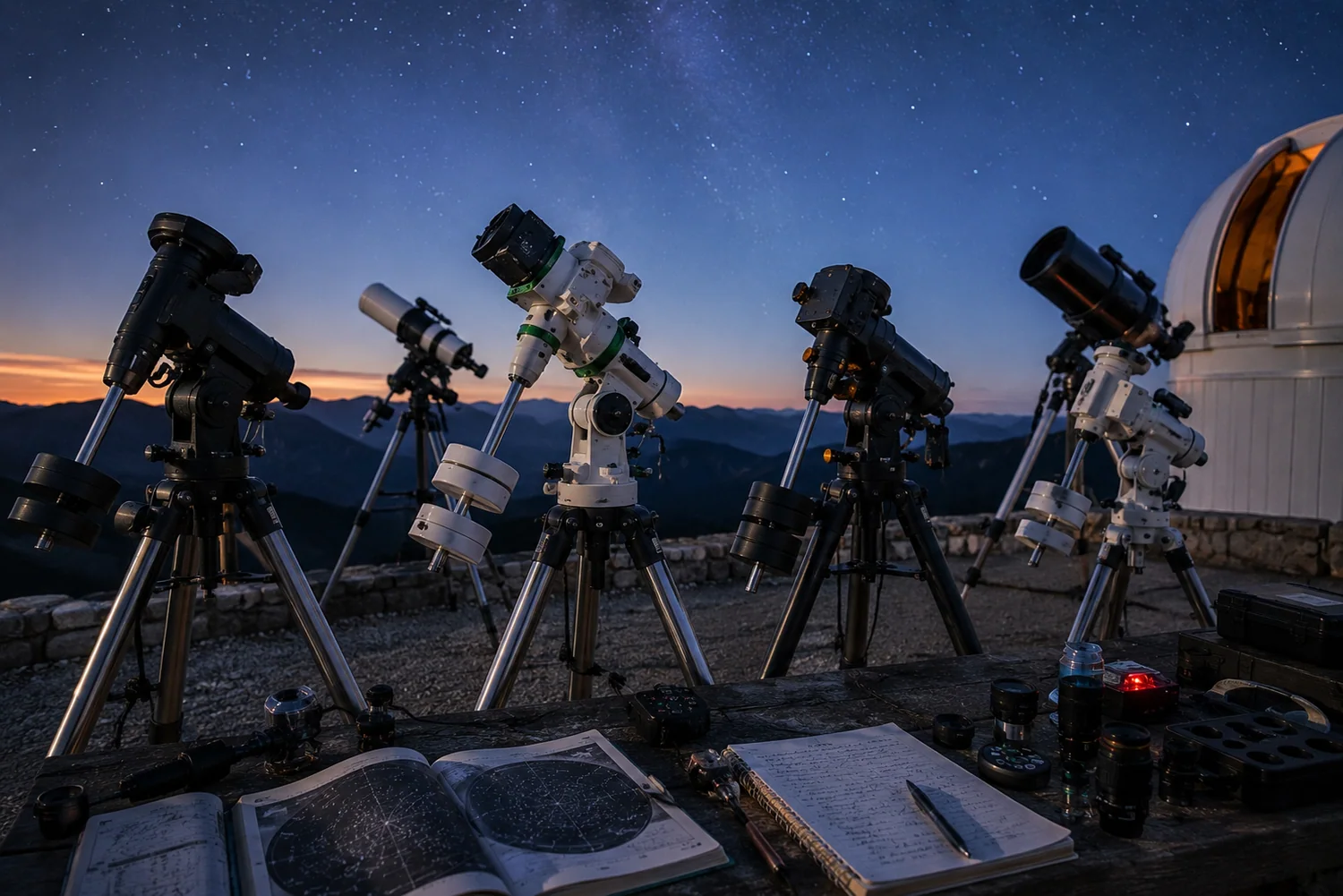 Montures de télescope équatoriales et azimutales installées sur un site d'observation astronomique au crépuscule.